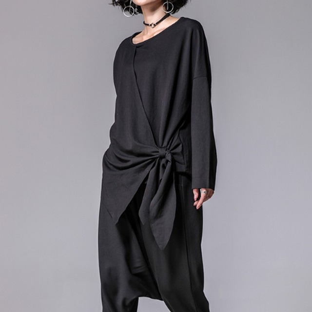アシメトリードレープリボンタイノースリーブトップス 1color T0156