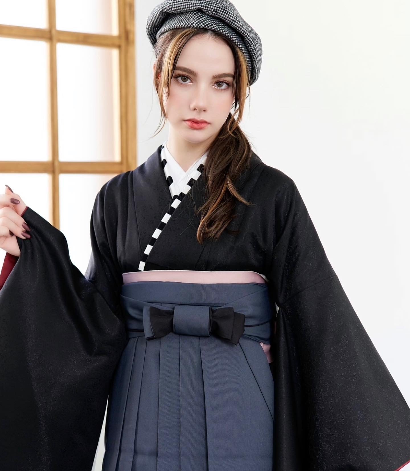 Kimono Sienne 卒業式袴3点セット 黒コーデ 黒袴 袴 二尺袖着物 袴