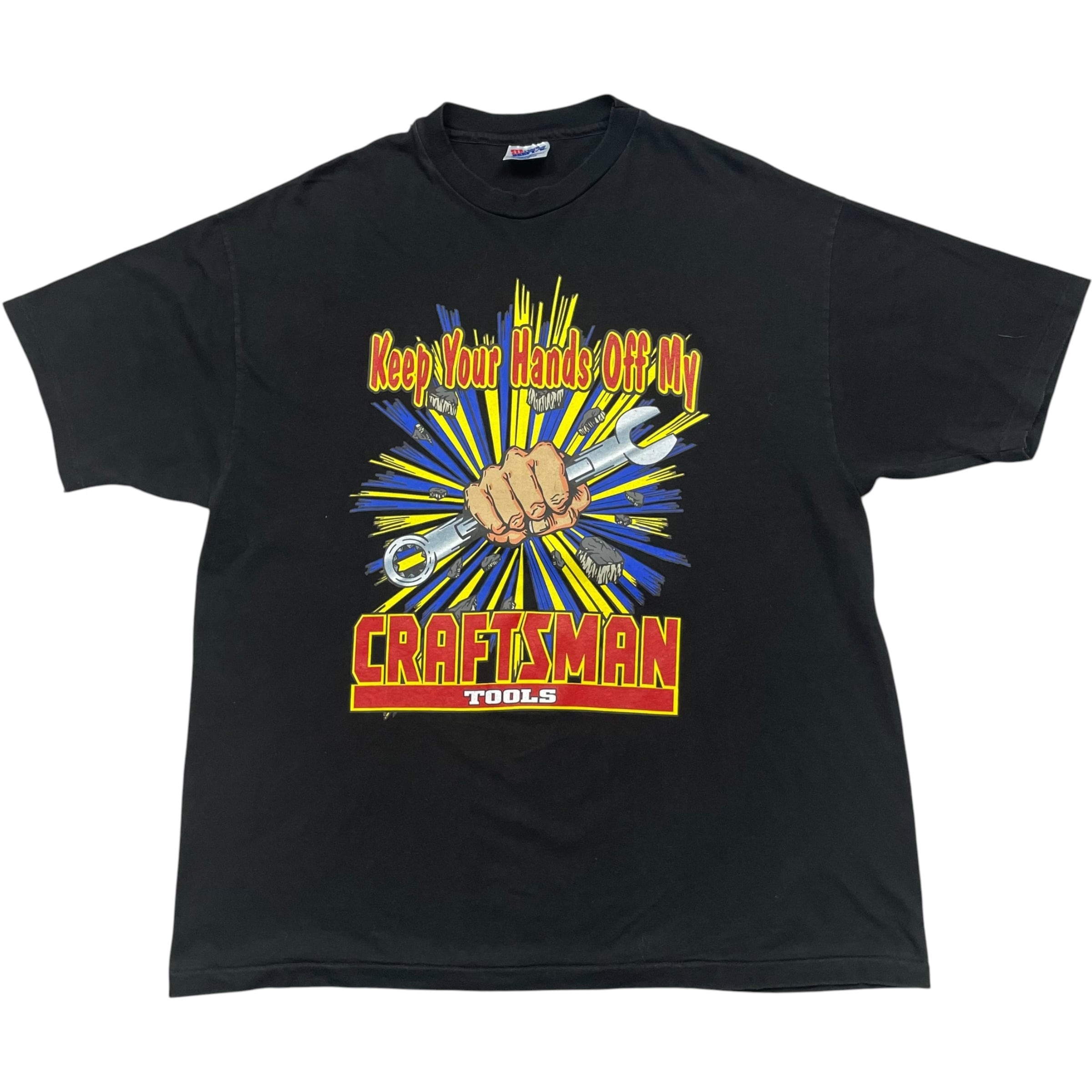 《XL》Hanes ヘインズ Tシャツ シングルステッチ フロントプリント クラフトマン フィスト スパナプリント ブラック USA製 90年代 vintage no.10514