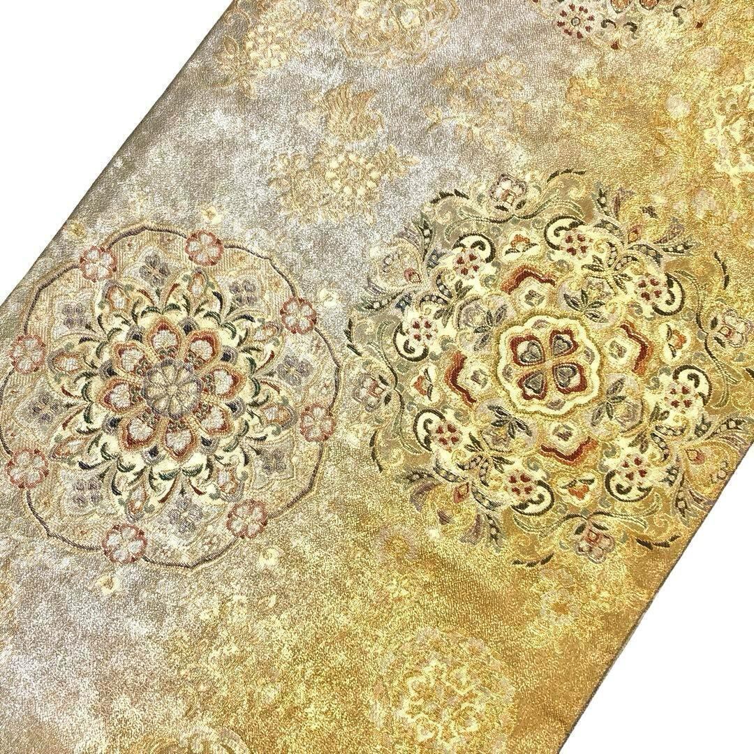 袋帯 リバーシブル 曲水源氏車文 鏡裏華文 美しい花模様 鴛鴦 O-3545  