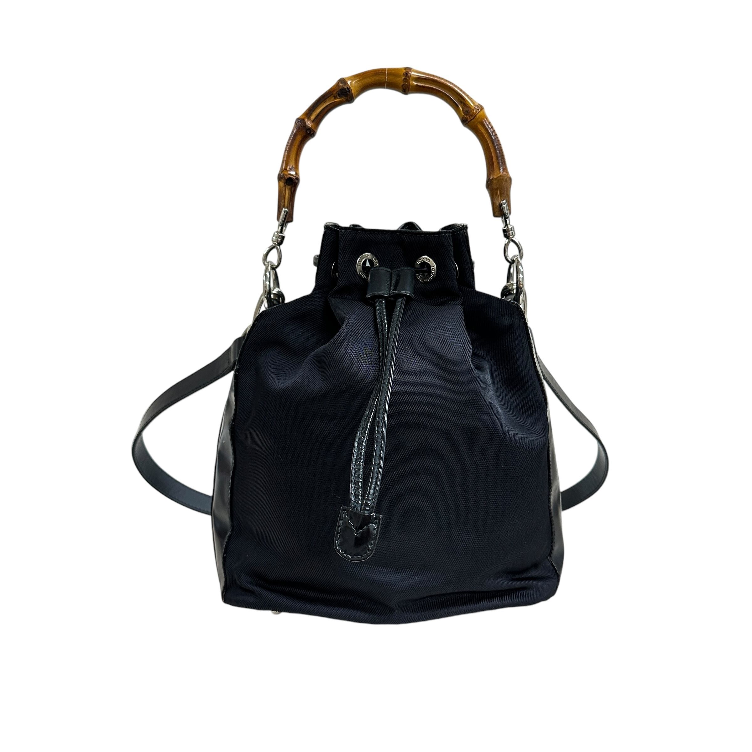 GUCCI グッチ バンブー 巾着 2WAYバッグ ナイロン×エナメル ブラック 