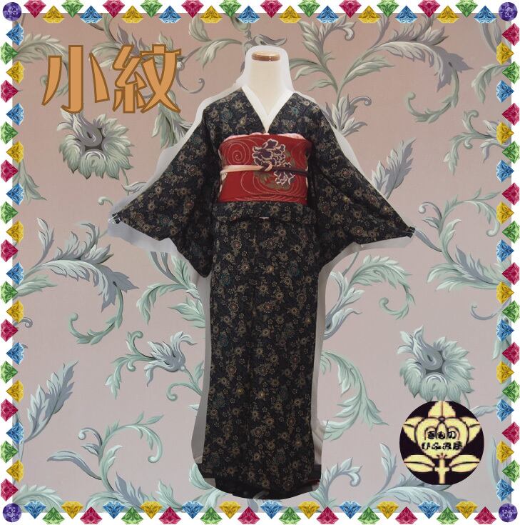 小紋　花模様　抽象的　黒地　お洒落　縮緬　着物　036k 小紋 花模様 抽象的 黒地 お洒落 縮緬 着物 036k 【公式通販】