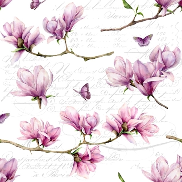 2024春夏【ti-flair】バラ売り2枚 ランチサイズ ペーパーナプキン Magnolia & Butterfly ホワイト