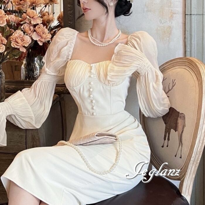 パーティ ドレス ワンピース ボリューム袖 タイト デコルテ見せ ♪(M8385)α