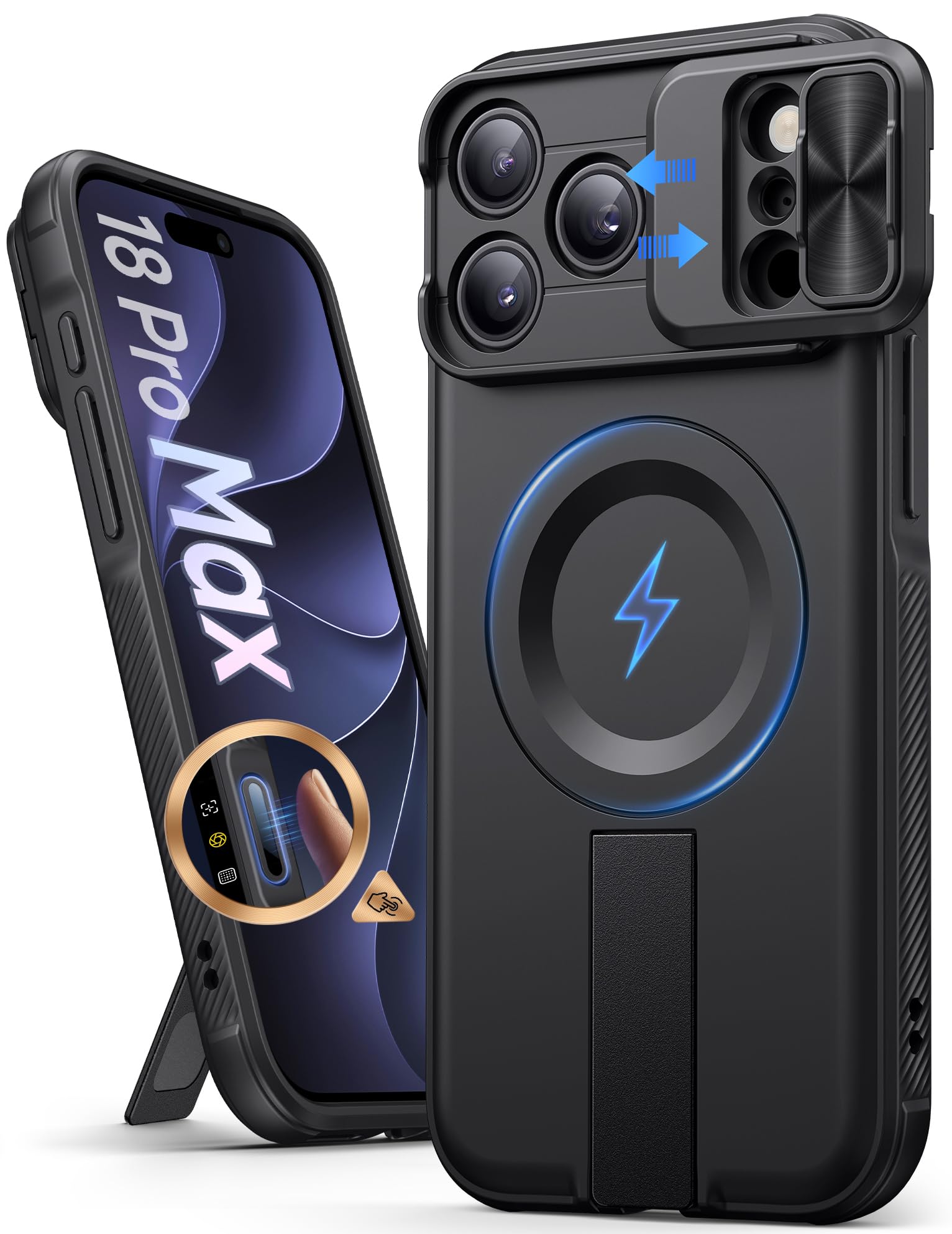 ATATOO iPhone 18 Pro Max 用ケース Magsafe対応 デュアルスライドカメラカバー スタンド付き (ブラック)