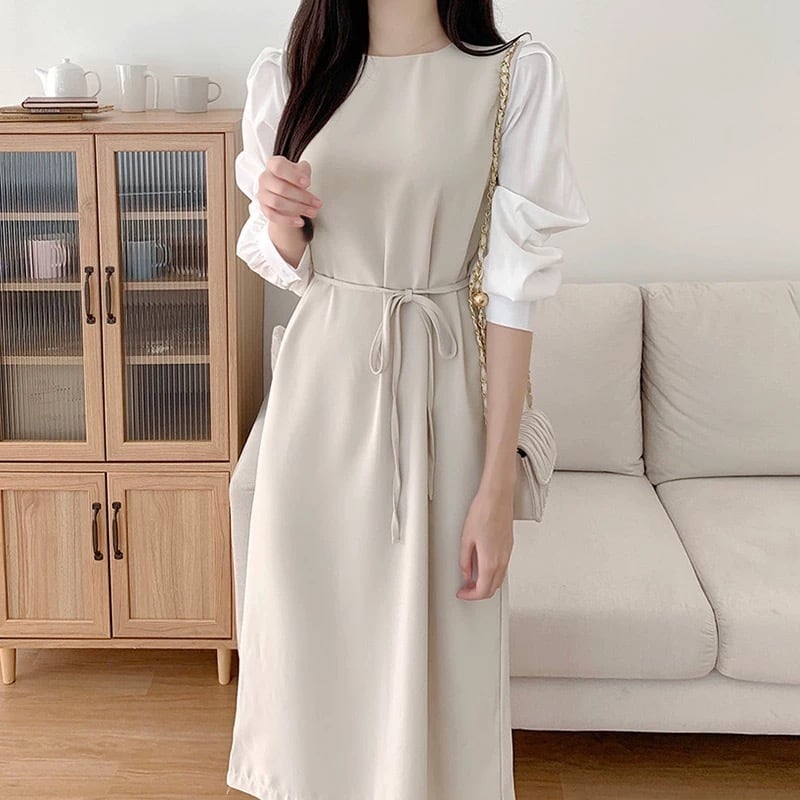 韓国風 フレンチ コントラストカラー ウエストリボン ロングワンピース ◆2col YH8850