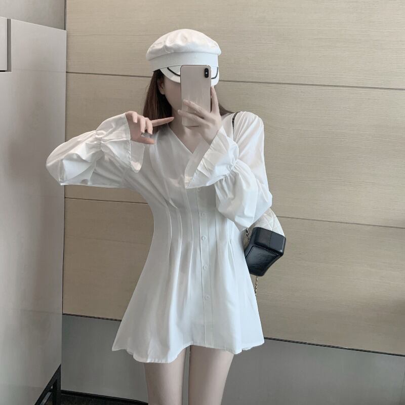 シャツ ドレス レディースウェストスリムロングショートスカート スプリングホワイト 長袖 春物 ブラックストロベリース97666538391