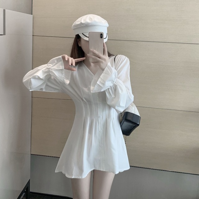 シャツ ドレス レディースウェストスリムロングショートスカート スプリングホワイト 長袖 春物 ブラックストロベリース97666538391