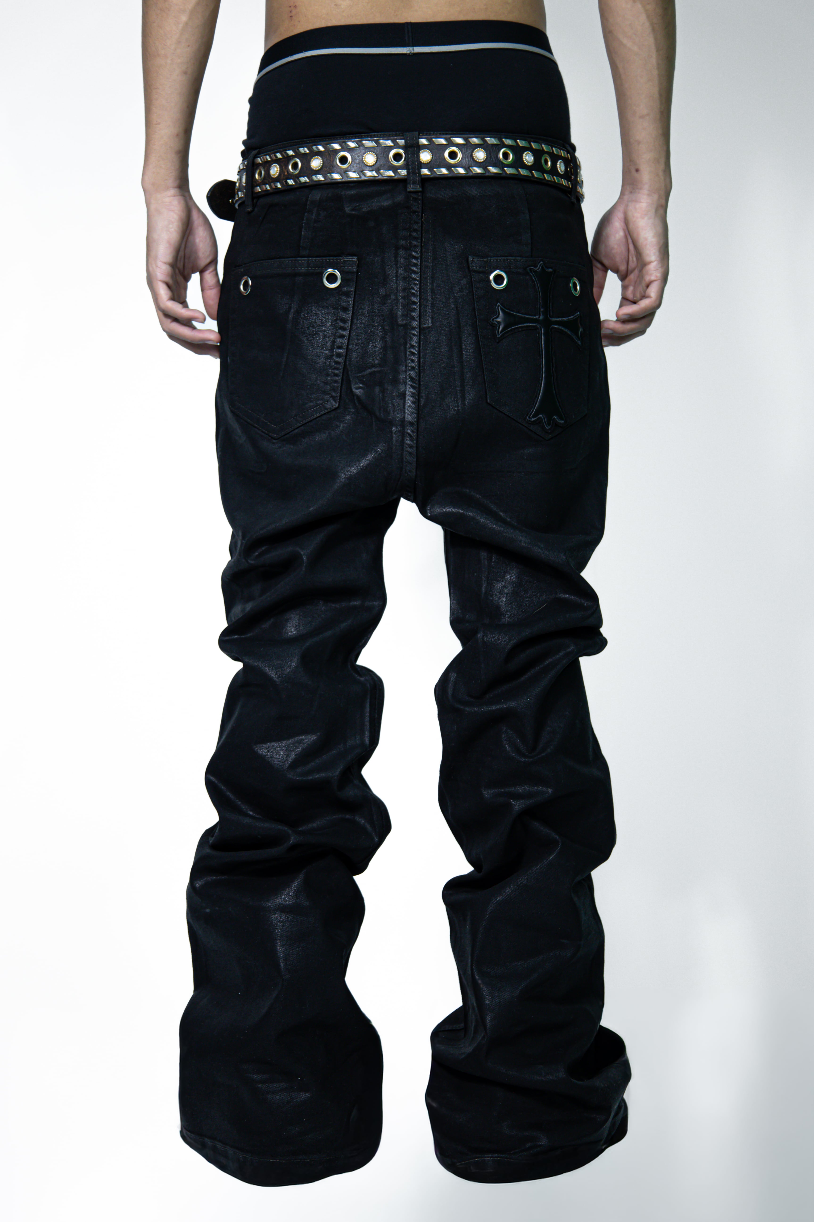 Flared cross coating denim pants | saintgoat