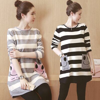 【新作】【送料無料】 8002＃スウィートストライプコットンマタニティTシャツ春秋ルーズTシャツ服妊婦妊娠トップス 大人ガーリー キュート カジュアル スプリング 春物 オータム 秋物 AL expec336634104727