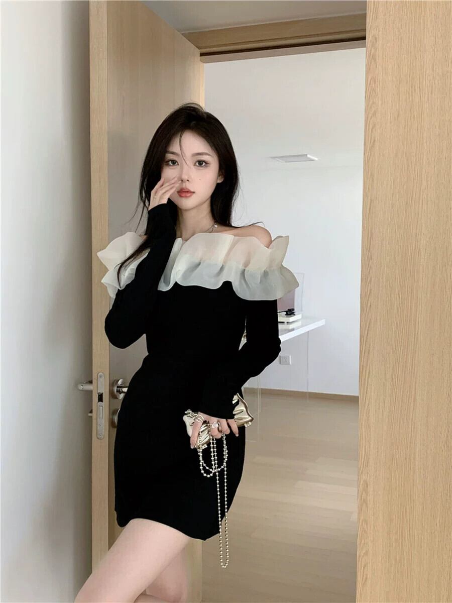 純粋な欲望メッシュステッチワンショルダードレス女性の秋のハイエンド誕生日ドレス気質ウエストカバーヒップスカート オータム 秋物 ガールズファッション96480153698