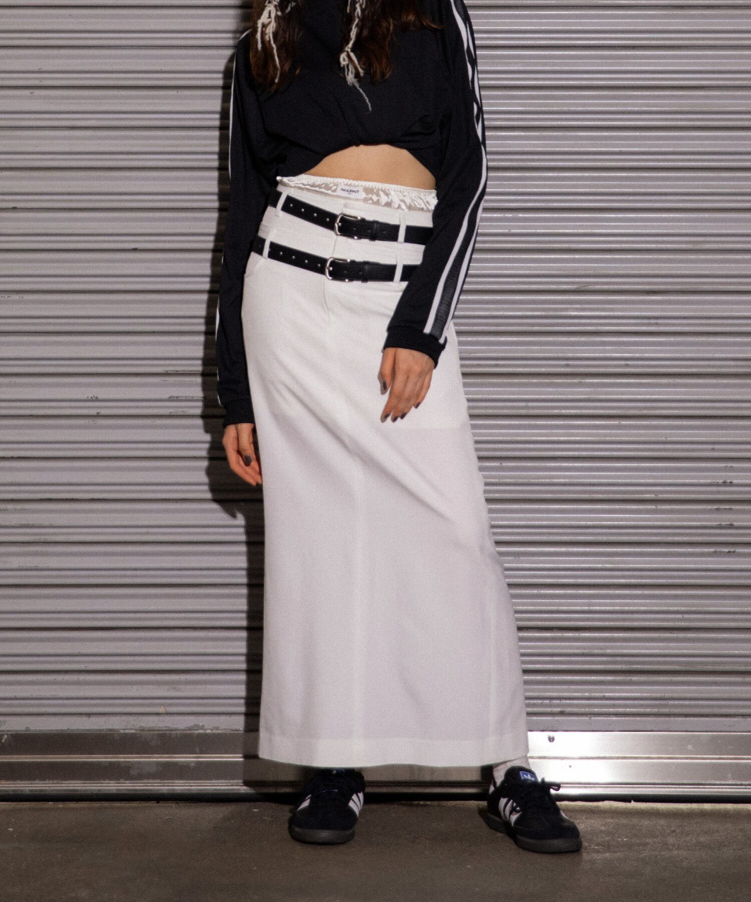 Double belt layered long skirt