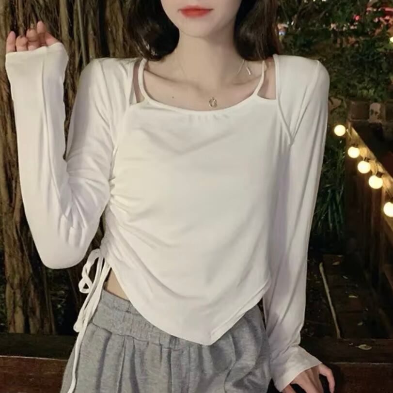 レイヤー風シャーリングロングTシャツ