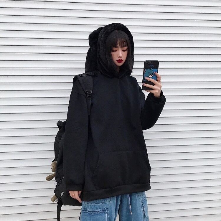 うさ耳 プルオーバー パーカー ラビットファーフード 韓国ファッション メンズ レディース プラスベルベット オーバーサイズ ストリート カジュアル / Dark Rabbit Fur Ear Hooded Plus Velvet Loose Sweater (DTC-628209364816) |