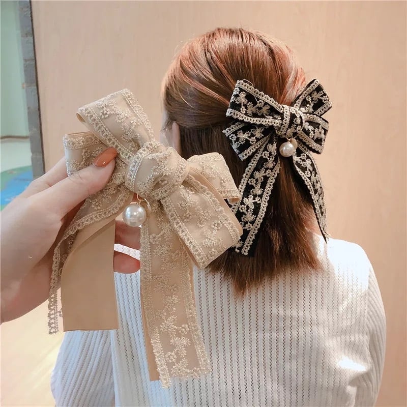 ハンドメイド リボンピンバレッタ 茶系2個セット - ヘアアクセサリー