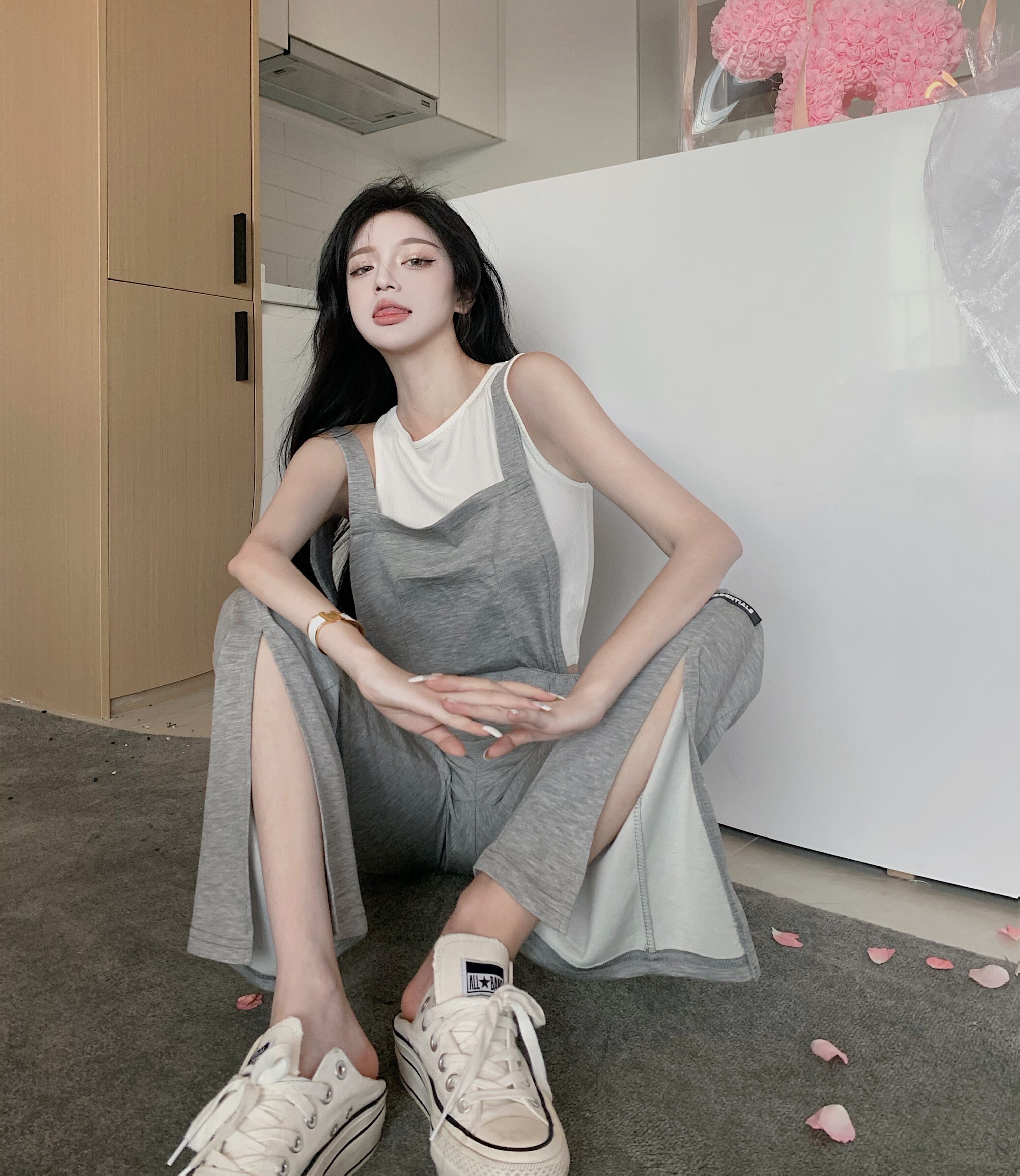 カジュアルパンツ レディースグレールーズワイドレッグサマー薄手ハイウェストウェストスリム 夏物 ワイドパンツ ブラックストロベリース65695500155