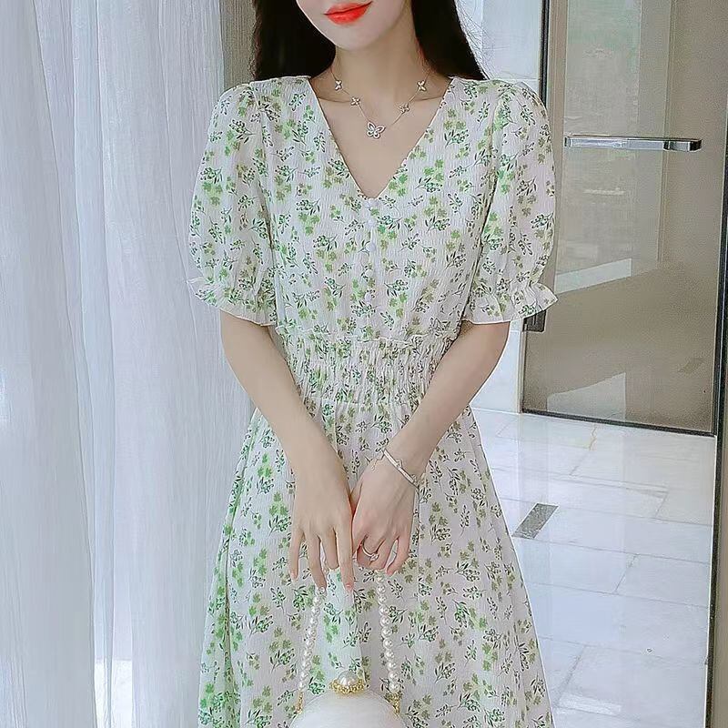 【新作】【送料無料】 2022 夏の新スタイル V ネック弾性ウエストエレガントなスリムシフォン花柄スカート若い文学ミッドレングスドレス 0253403768959