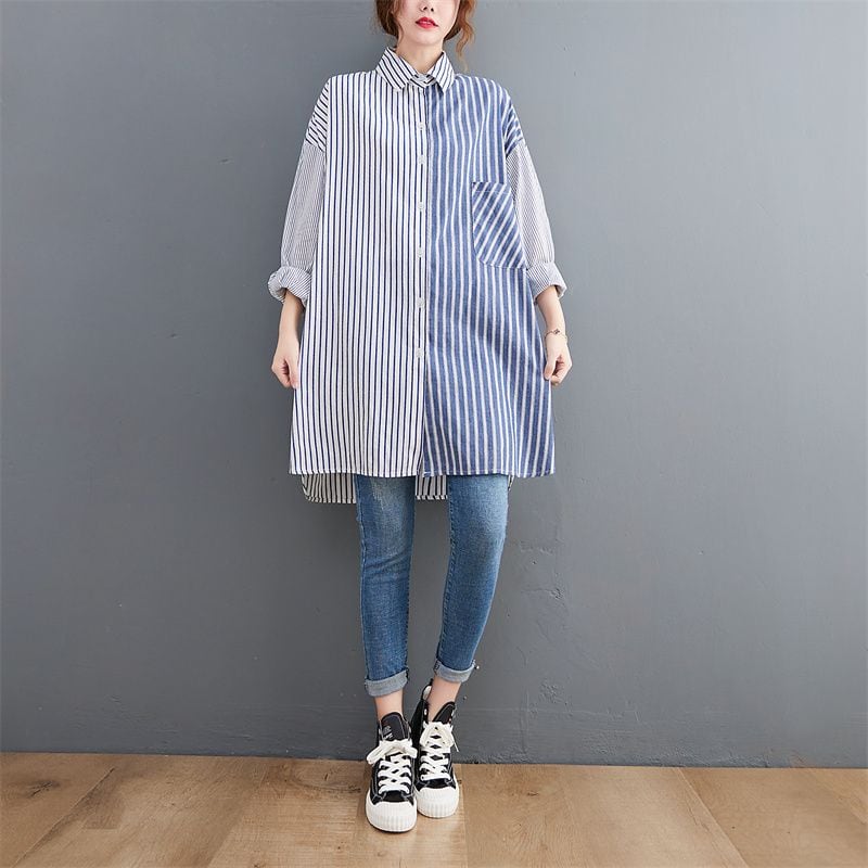 STRIPE STITCH DESIGN OVERSIZED TUNIC SHIRT 1color M-11953