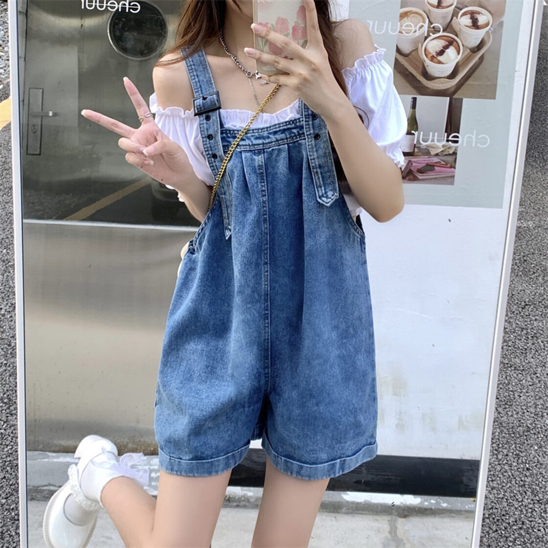 デニム オーバーオール レディース 夏用 薄手 ワイドレッグ ジャンプ 