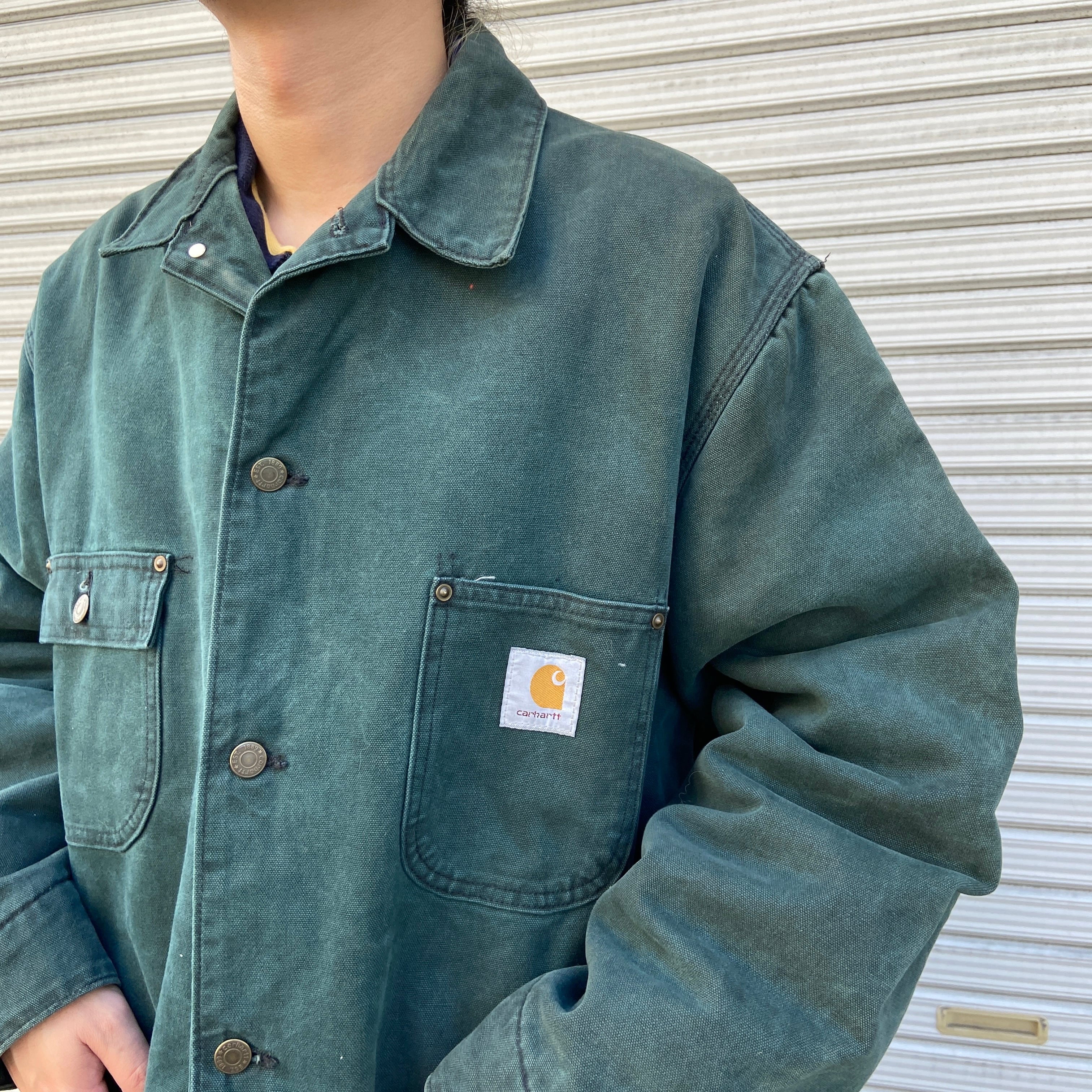 s USA製 carhartt ミシガンチョアコート カバーオール 緑 L   古着屋 Uan