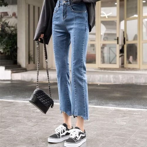 デニムパンツ レディース 切りっぱなし ダメージ ジーンズ クロップドパンツ アンクルパンツ 九分丈 ハイウエスト ストレート センター ライン レトロ ストリート カジュアル デニム おしゃれ