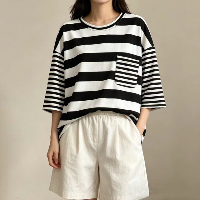 OVERSIZED STRIPED DROP SHOULDER POCKET T-SHIRT M-17432