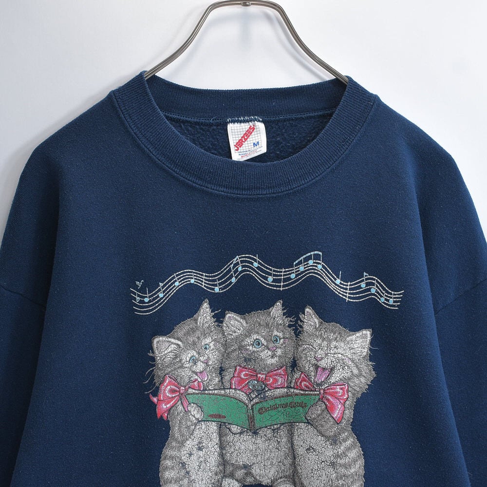 80~90s USA製 JERZEES ジャージーズ アニマルプリント 猫 クリスマスキャロル デザイン スウェット トレーナー ネイビー ヴィンテージ ビンテージ アメリカ古着 メンズMサイズ