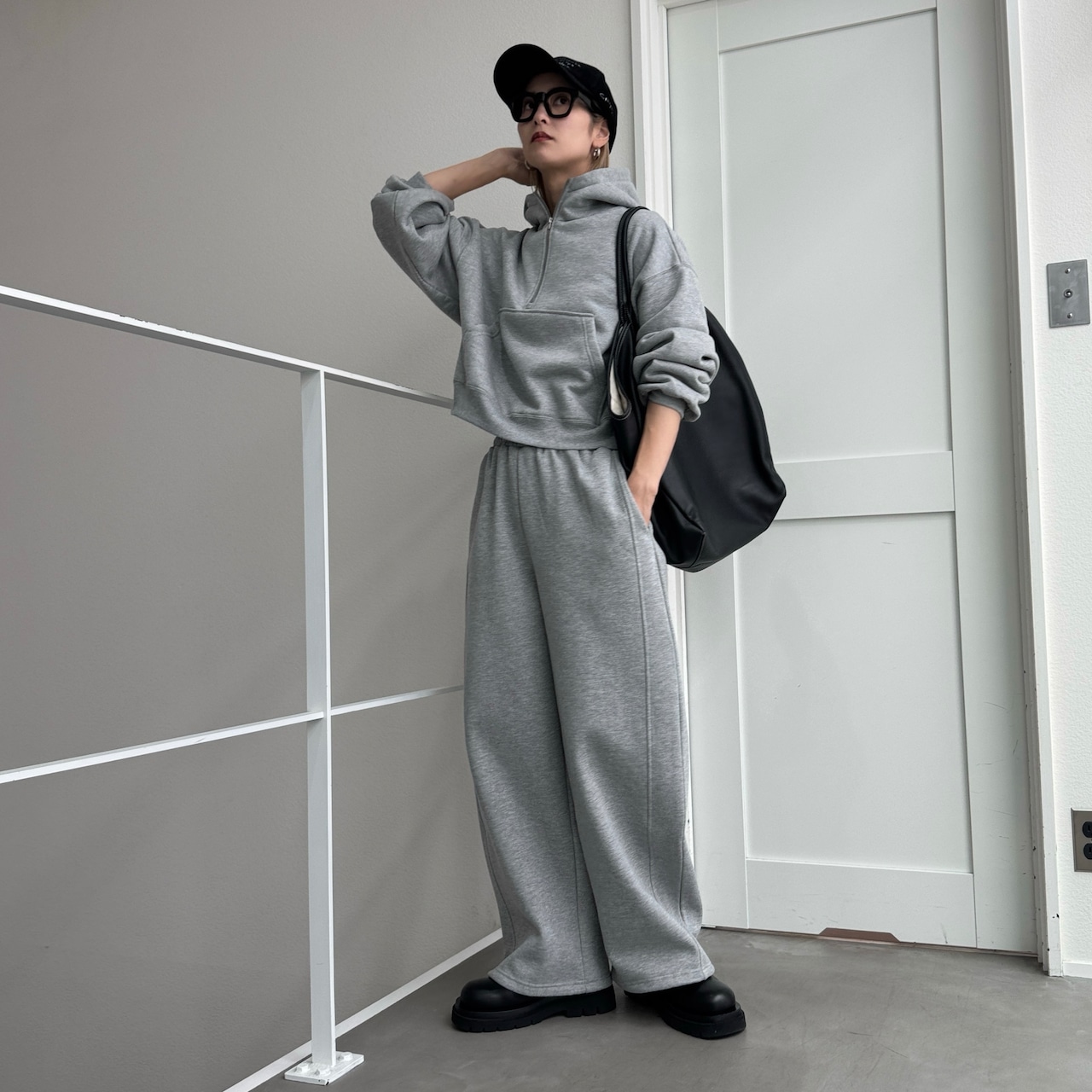 裏起毛ハーフZIPショート丈PK/グレー