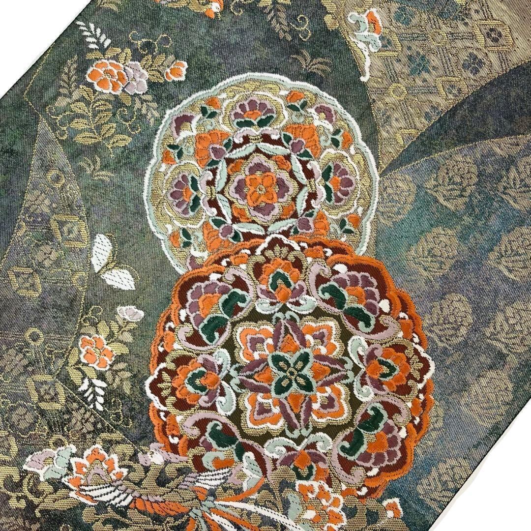 袋帯 地紙唐尊華丸 美しい華柄模様 鳳凰 黒木賊色 O-3812 着物 袋帯 地紙唐尊華丸 美しい華柄模様 鳳凰 黒木賊色 O-3812 着物