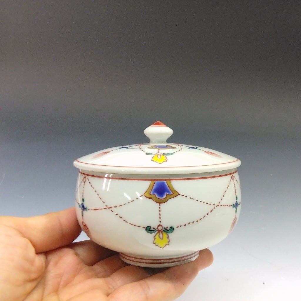 名窯 清水焼｜Kiyomizu ware( 京都 ) 手描き赤絵 瓔珞文 蓋茶碗 / 湯