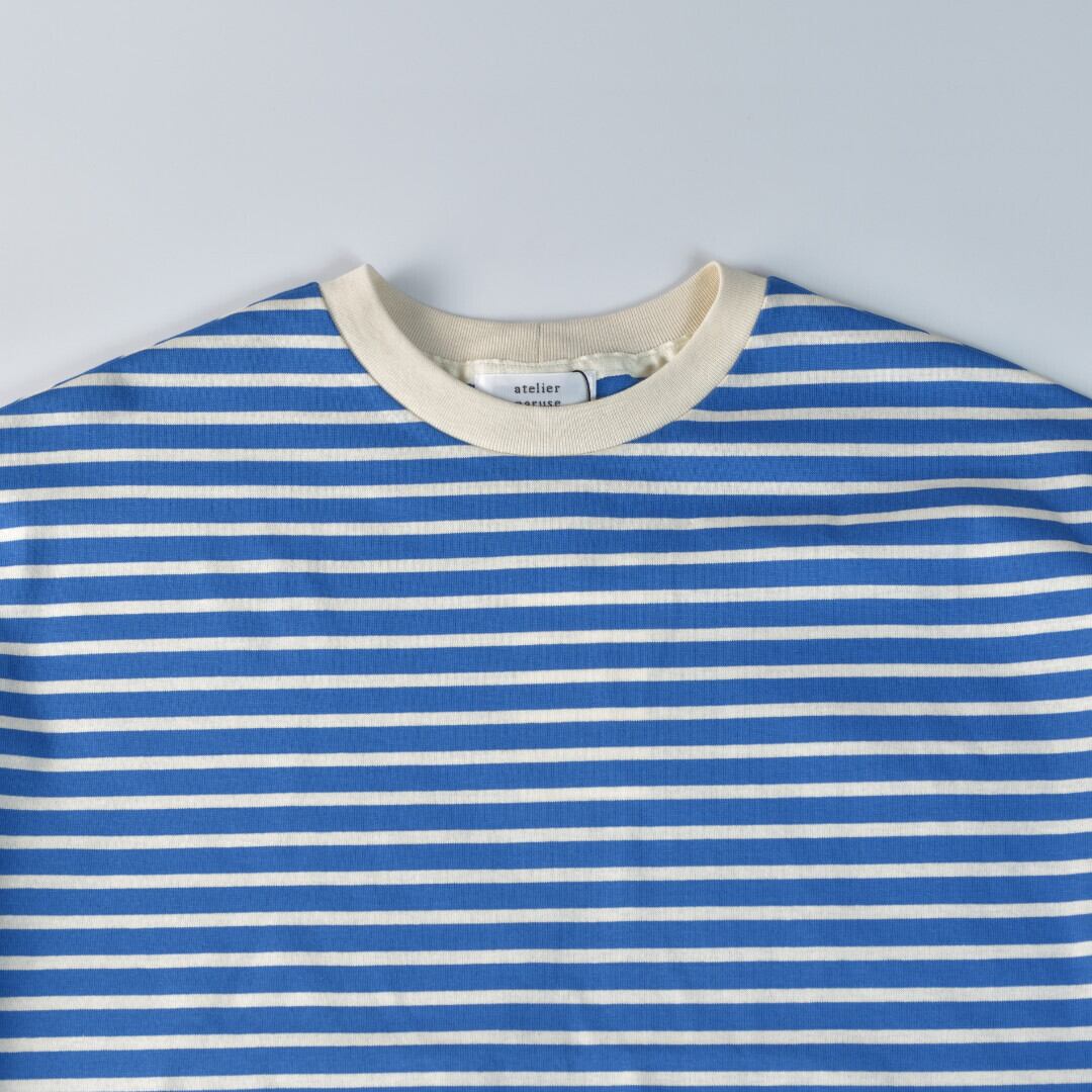 atelier naruse アトリエナルセ コットンボーダーカットソー・ブルーxキナリ 新しいコットン生地を使ったカットソー【送料150円~】