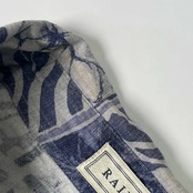 リネン混 RAIKA ライカ アート 総柄 半袖シャツ M/ブルー系 メンズ ビンテージ