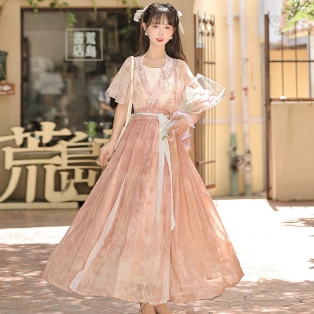 桃霞に遊ぶ蝶花 シアー花柄と帯リボンの中華風ロングスカート3点セット