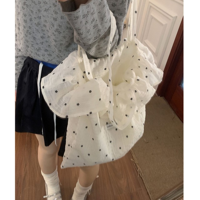 dot frill chiffon tote bag J00303