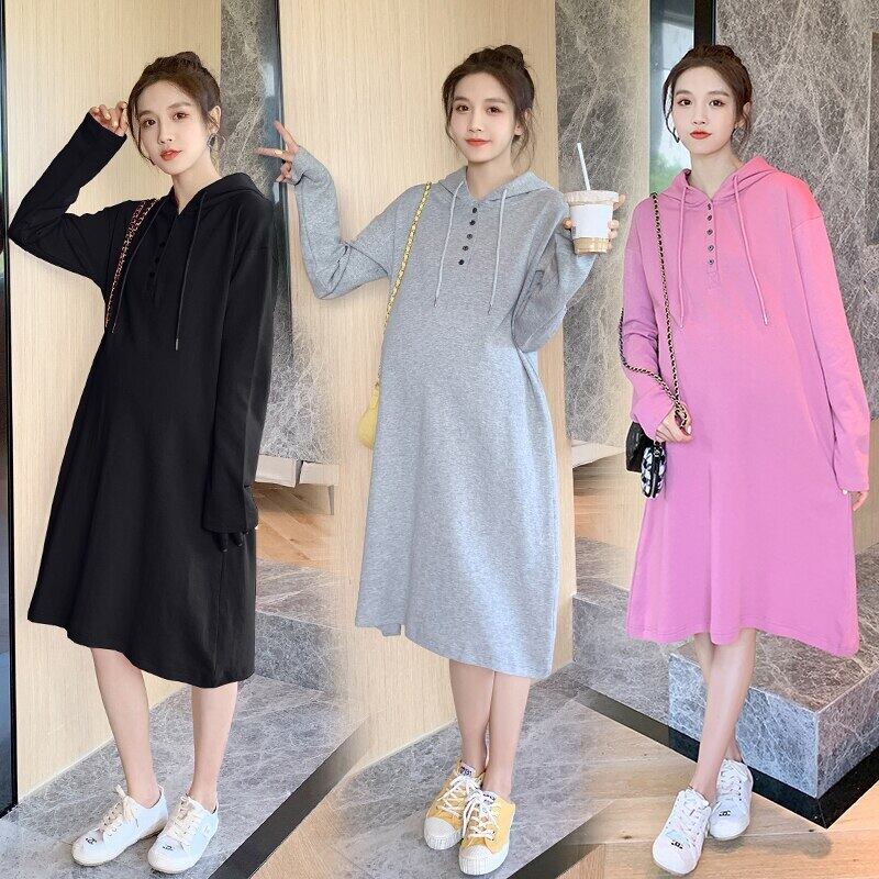 【新作】【送料無料】 6656＃マタニティ服春秋綿長袖ルーズフード付き襟ドレス妊婦妊娠服 ロング コットン スプリング 春物 オータム 秋物 AL expec325873771962