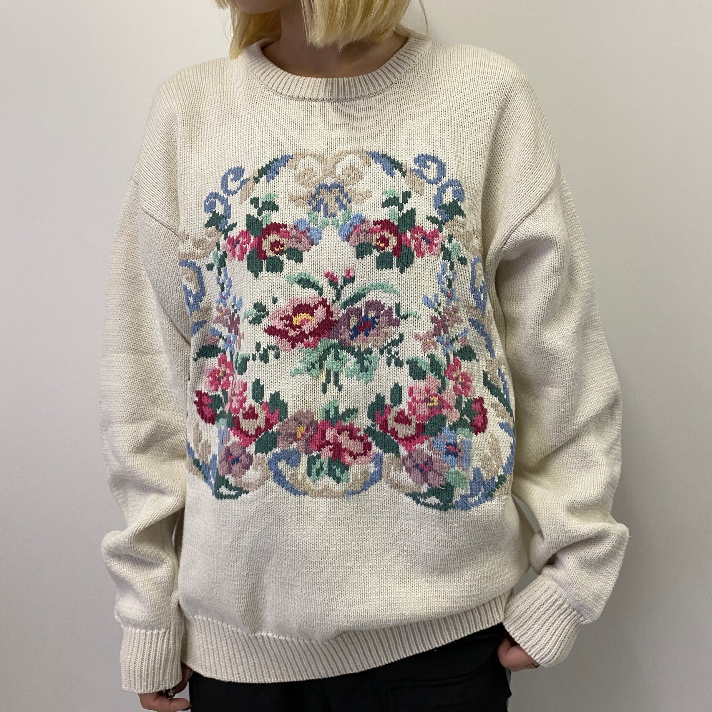 90年代 Eddie Bauer エディーバウアー フラワー 花柄 コットンニット 