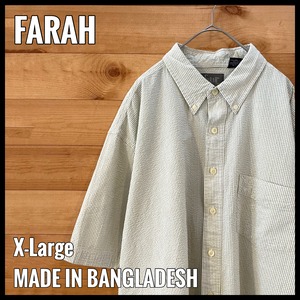 【FARAH】ストライプ 半袖シャツ ボタンダウン 凹凸加工 くすみグリーン くすみカラー XL ビッグサイズ US古着