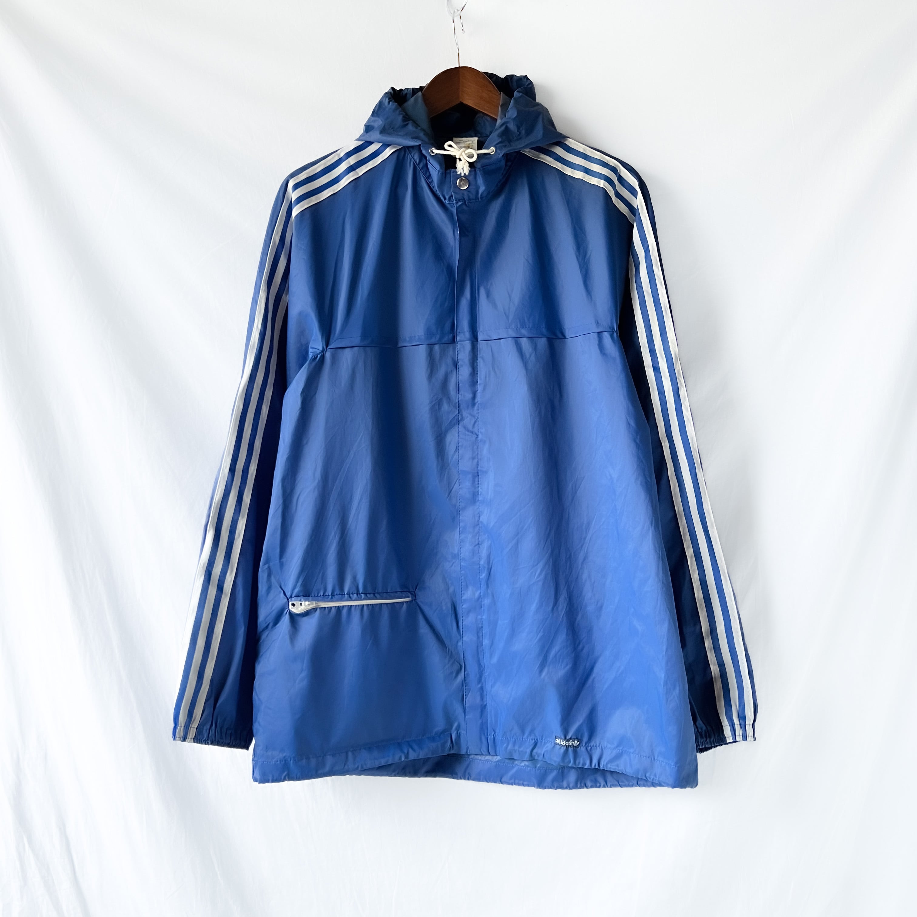 70s “adidas” blue nylon hoodie jacket aileeジッパー VENTEX社製 70年代 アディダス  ナイロンジャケット フーディ ベンチレーション ブルー