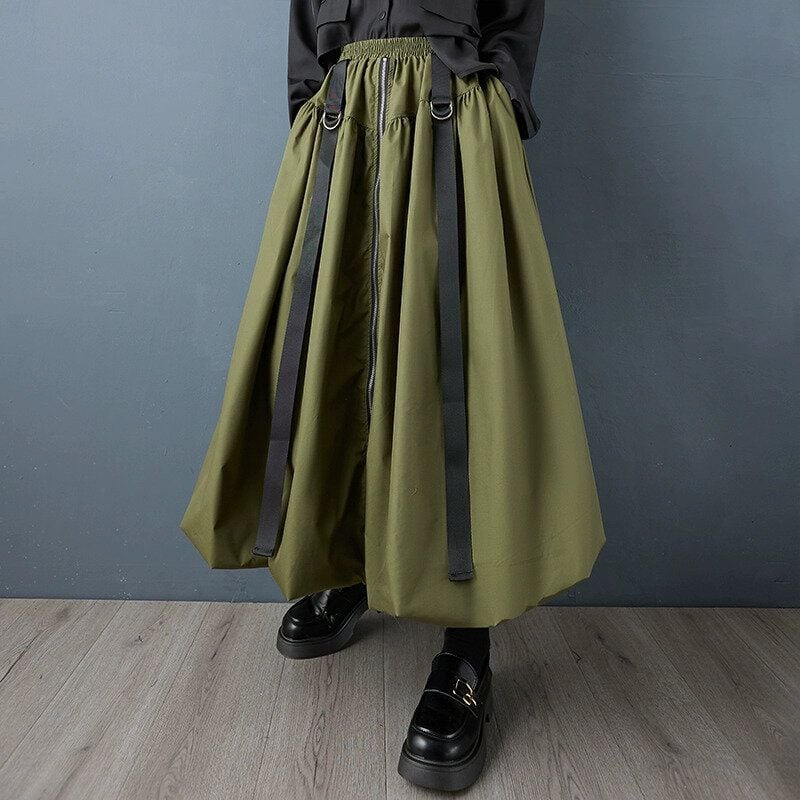 ELASTIC WAIST FULLZIP LONG LANTERN SKIRT 2colors M-14965