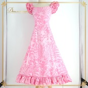 フラダンス 衣装 CC Fashions CCファッション ワンピース ドレス ピンク系 ハワイ製 ワントーン フリル プルメリア柄 ティアレ柄 ラウアエ柄 かわいい 華やか 鮮やか 明るい ハワイアン アロハ ハワイアンプリント フラ ダンス レッスン 練習