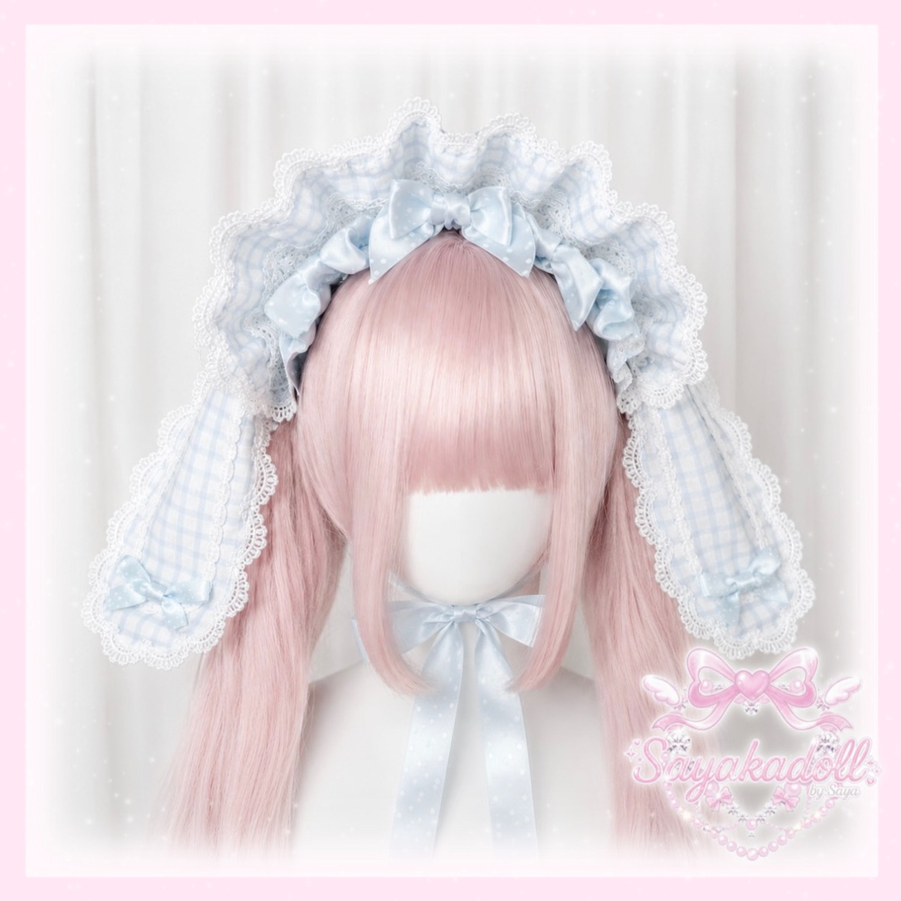 ♡【全4色】MAID ギンガムチェック＆ドット柄リボン 変幻自在うさみみフリルボンネット black ♡