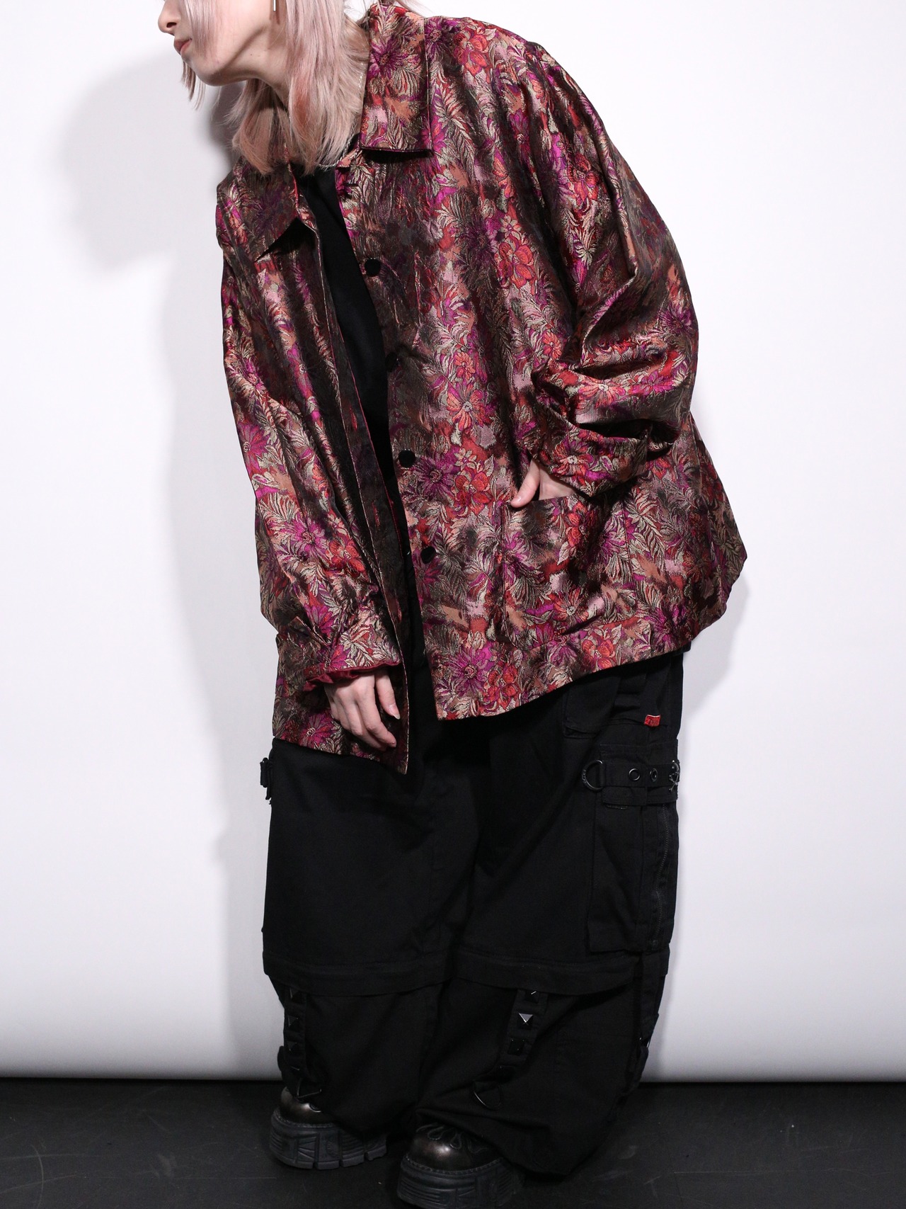 gloss fabric flower pattern wide silhouette shirt jacket - 1