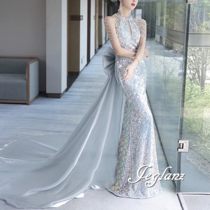 2色 パーティ イブニングドレス ビックボウ パール 光沢 バックシャン(M9186)ζ