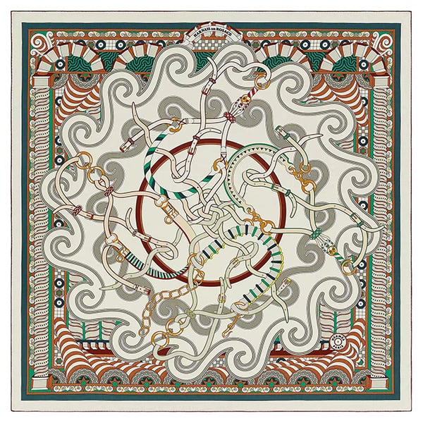 New HERMES エルメス カレジェアン 140 ショール スカーフ ハーネスのバラ窓 白 グリーン ブラウン ストール カシミヤ シルク 新品