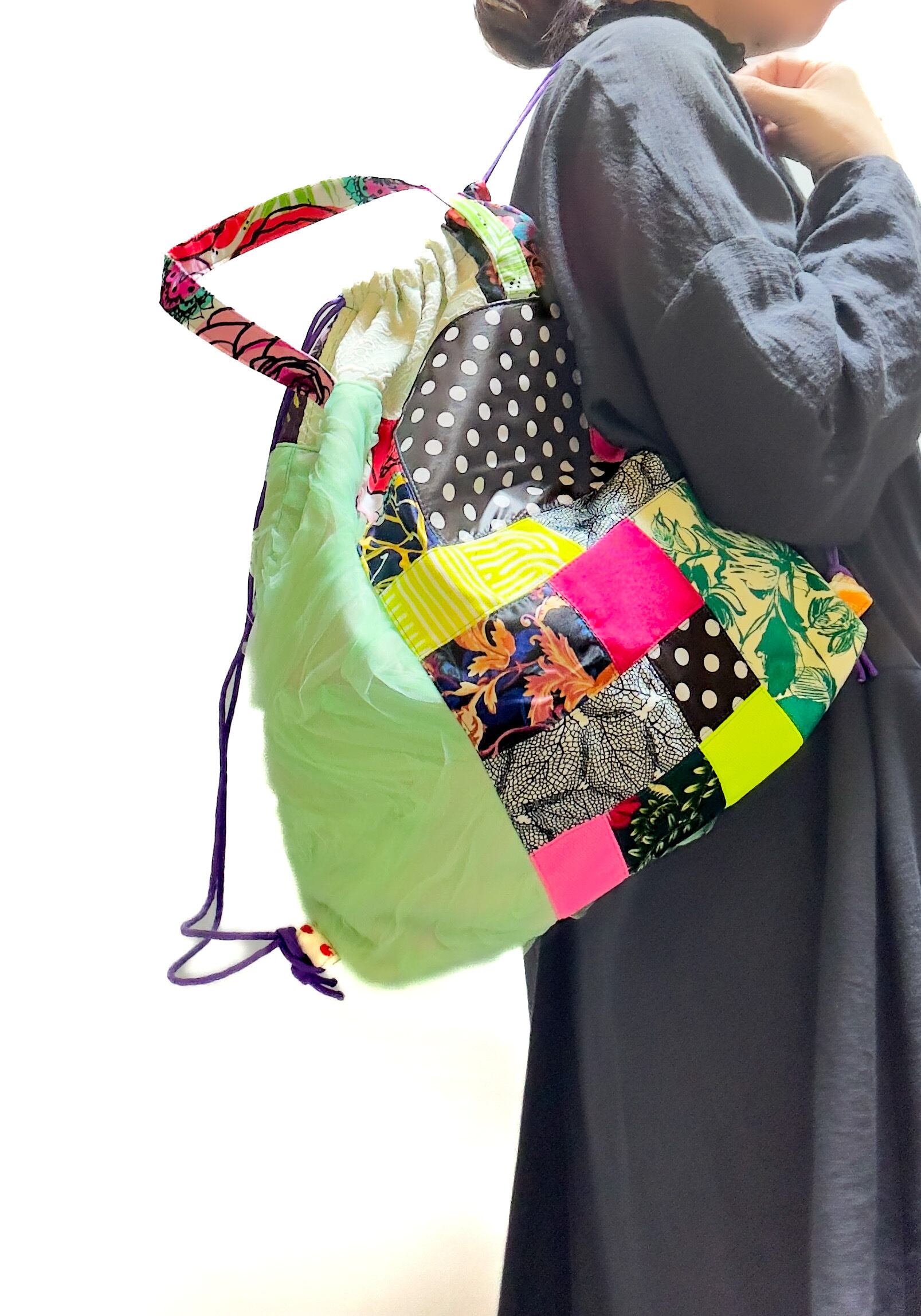 パッチワークエコバッグ M #Lグリーン×ドットミックス | a Linden:tree