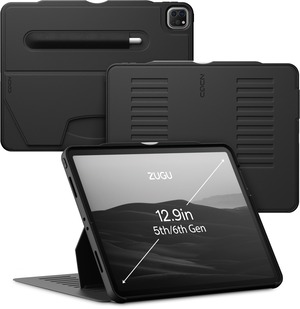 【数量限り】ZUGU iPad Pro 12.9 第6世代 ケース 2022 / 第5世代 2021 極薄 落下衝撃保護 10段階スタンド機能 Apple ペンホルダー ワイヤレス充電 オートスリープ スマートカバー (ブラック)