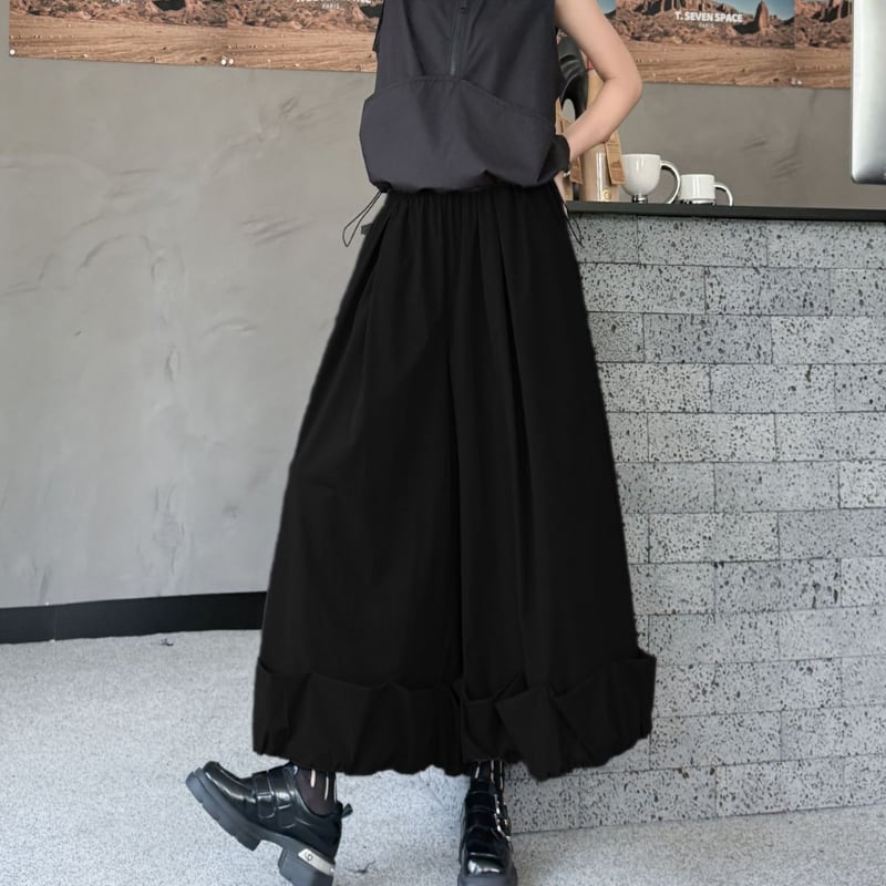 裾フリルゴムウエストクロップドワイドパンツ 2color PT0401