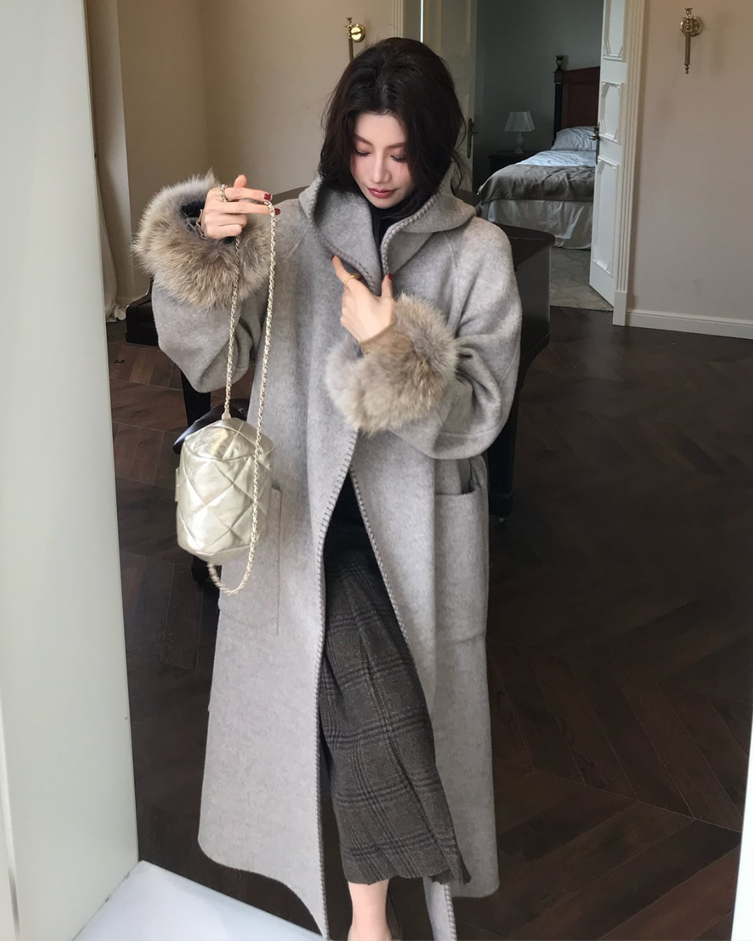 ウールロングフーディーコート A25321