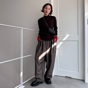 ライン入り配色ハイネック指穴knit/ブラウン