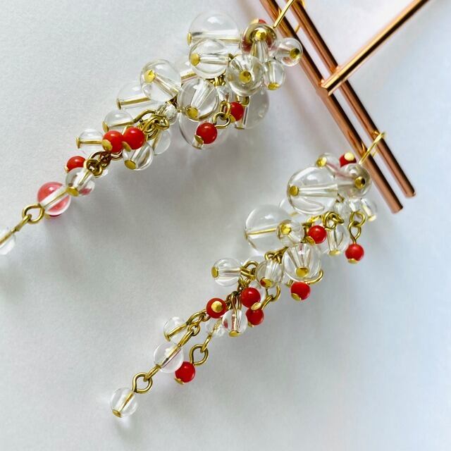 赤】クリスタル＆赤珊瑚ピアス 大人キレイ 天然石 大ぶり ギフト | 愛